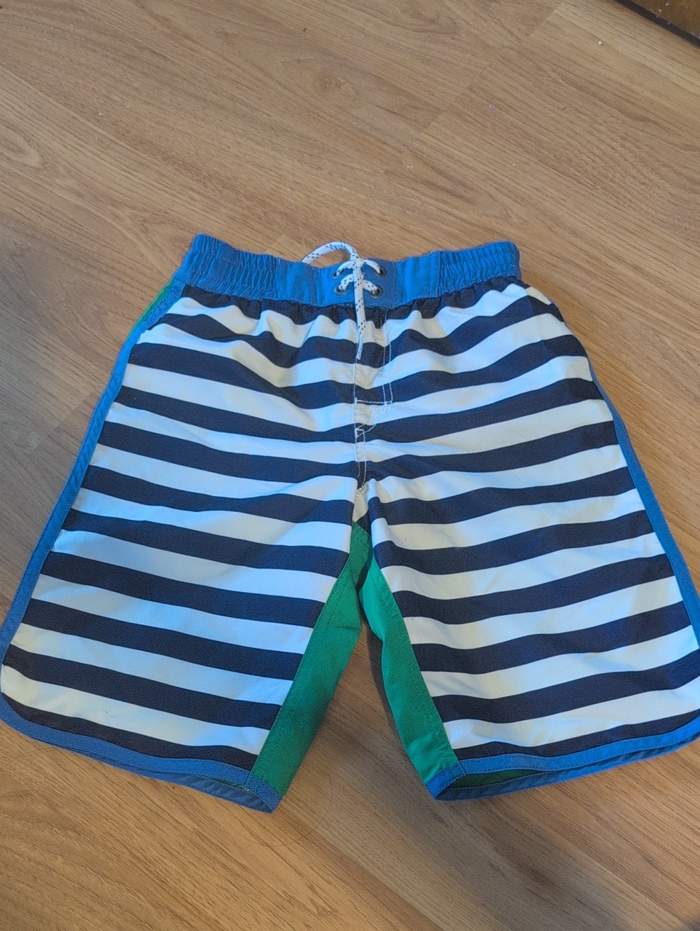 Hanna Andersson Navy & White Striped Boys Swim Trunks with Green Accents